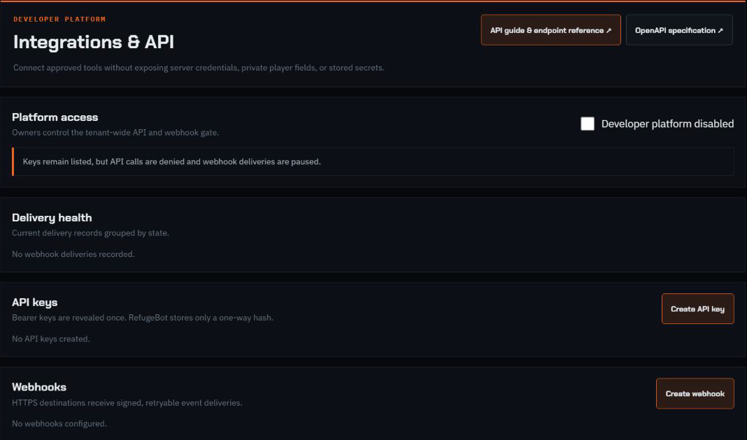 Sanitized RefugeBot Developer Platform showing API keys and signed webhook controls