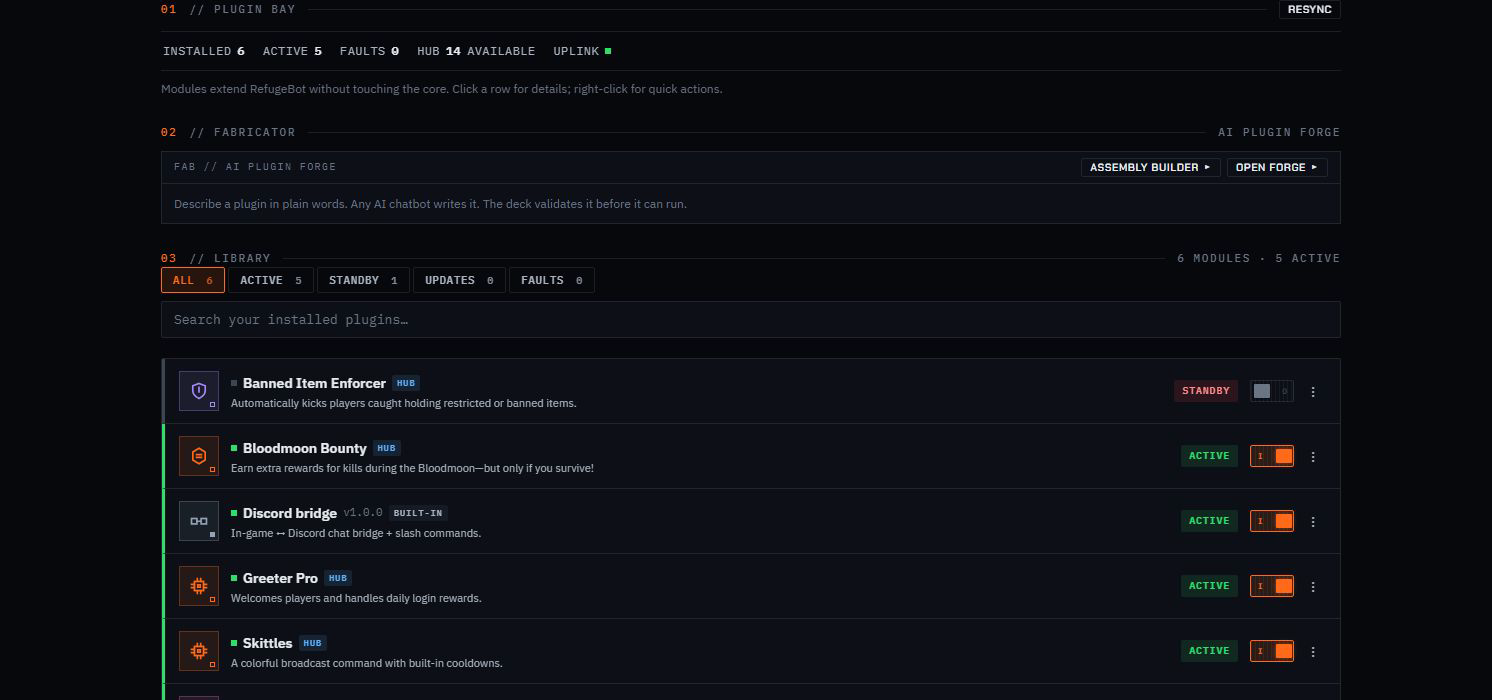 Sanitized RefugeBot Plugin Bay showing active and standby modules