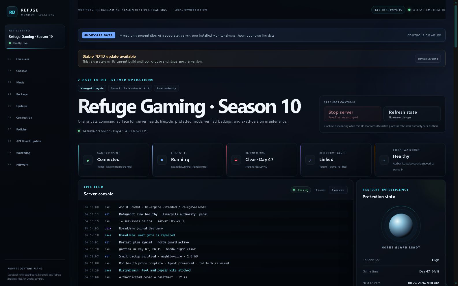 RefugeBot Monitor overview with server status, lifecycle, horde guard and console